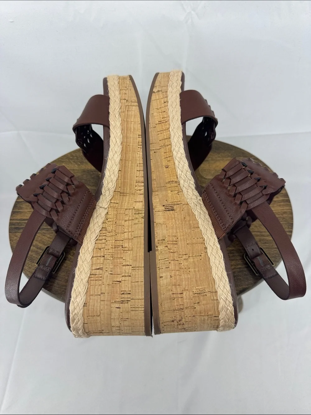 Like New! Frye & Co Womens Lavish Woven Brown Leather Wedge Cork Sandals, sz 8